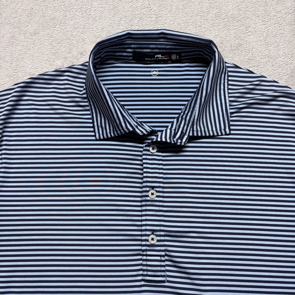 RLX Ralph Lauren Mens XL Polo Shirt Blue Striped Wicking Performance Golf